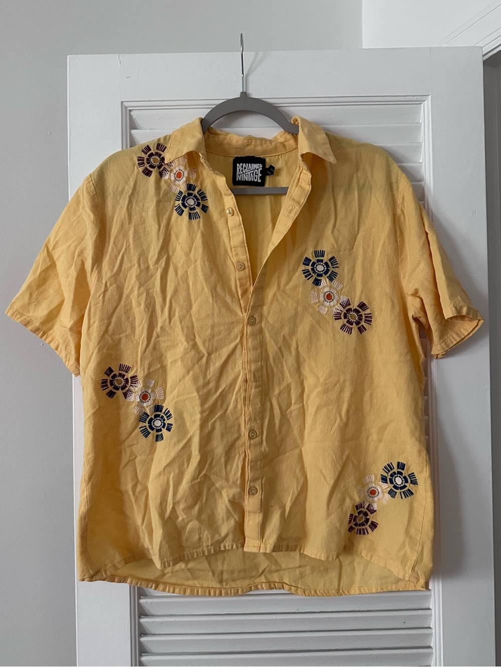 Reclaimed Vintage Embroidered Button-Down Shirt — Yellow, Size XS